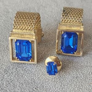 Blue glass lot cufflinks pin men's golden mesh wrap bullet back statement formal